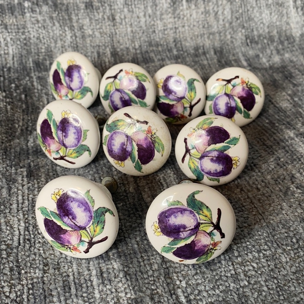 . Vintage Ceramic Drawer Pulls - Set of 9 - Purple Plums Cabinet Knobs